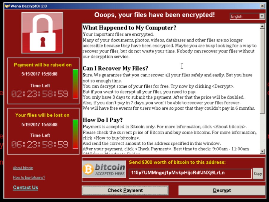 The screen of a Wannacry-infected computer