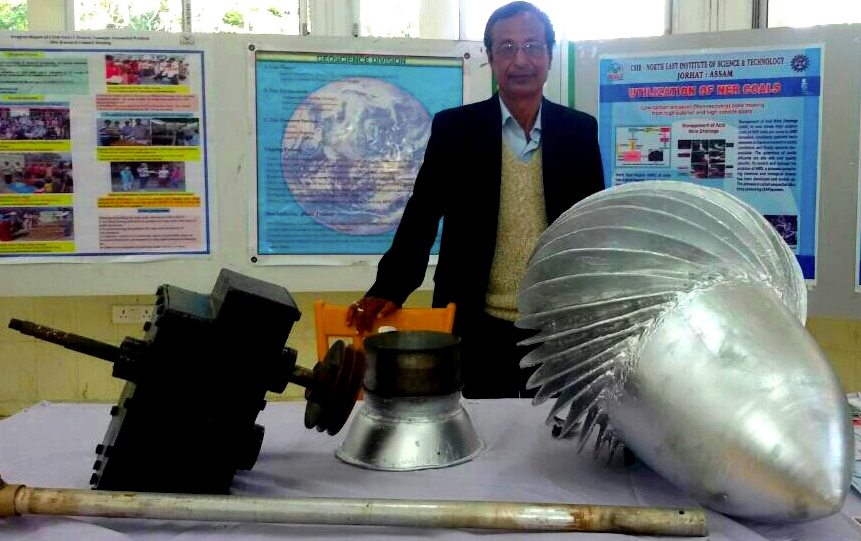 Retired Assam government engineer Kamal Chandra Saikia with his Microlight Propeller Hydro Turbine