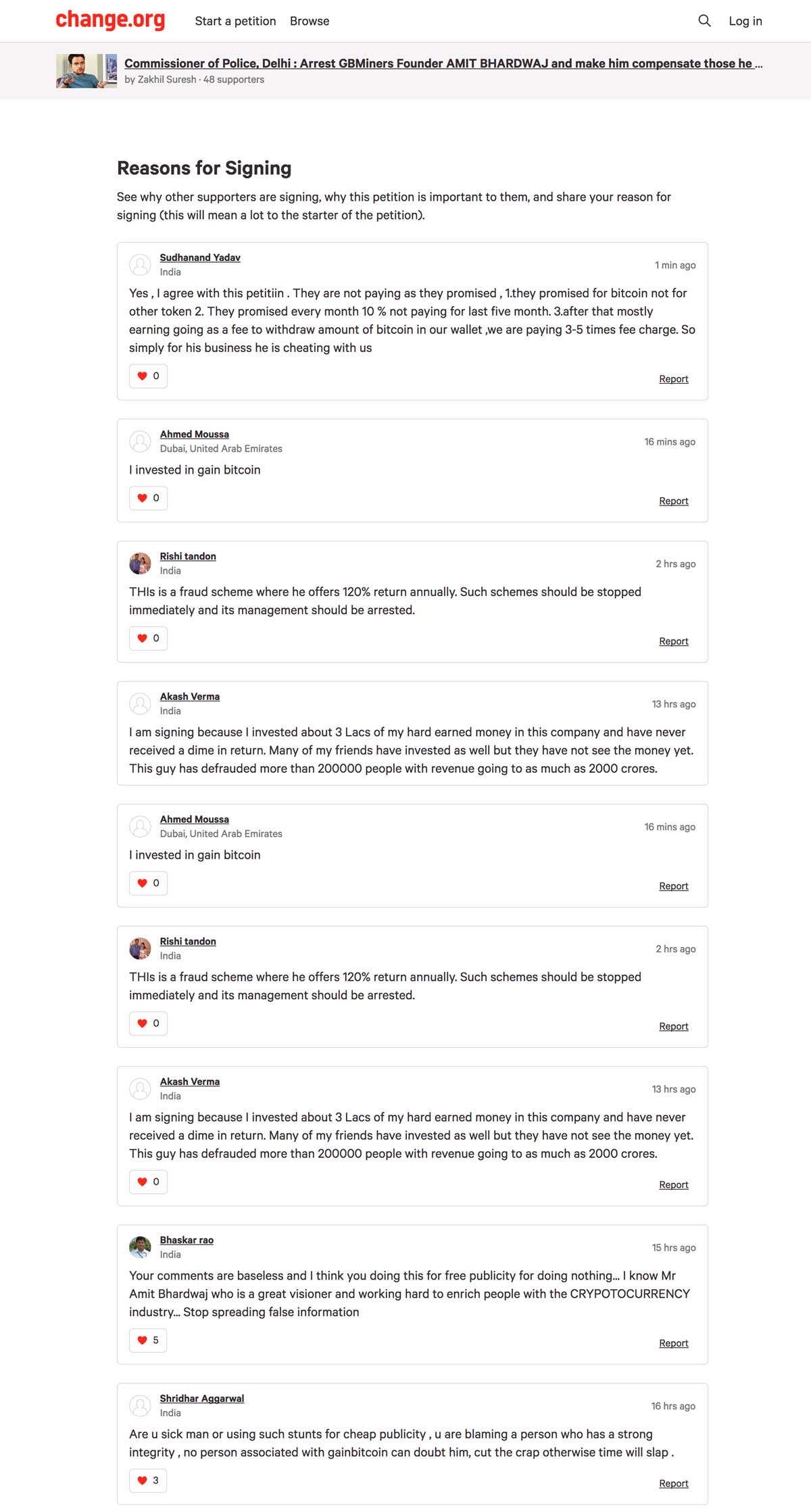 The comments section on Suresh's Change.org petition page