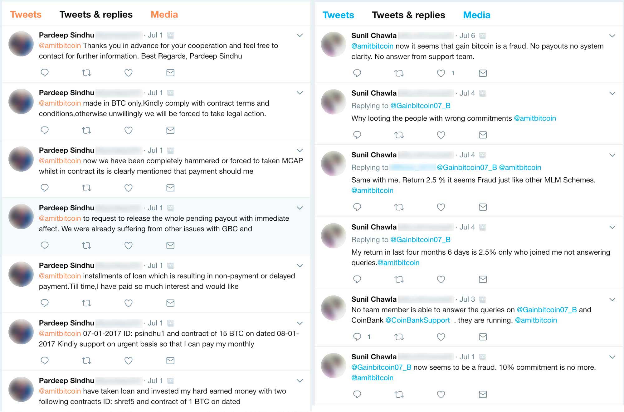 GainBitcoin investors complaining on Twitter