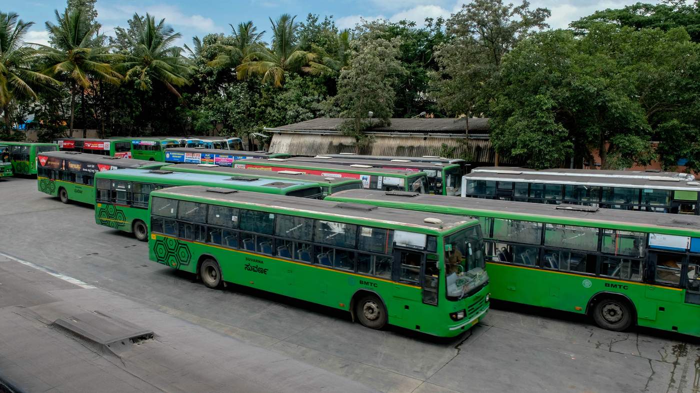Buses parked at the BMTC&#39;s depot in Chandra Layout. All the 6500 buses of the BMTC are equipped with a Vehicle Tracking Unit.
