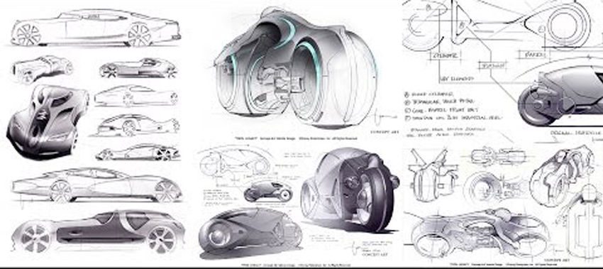 Sketches for Tron, by Syd Mead. Note the light-cycles.