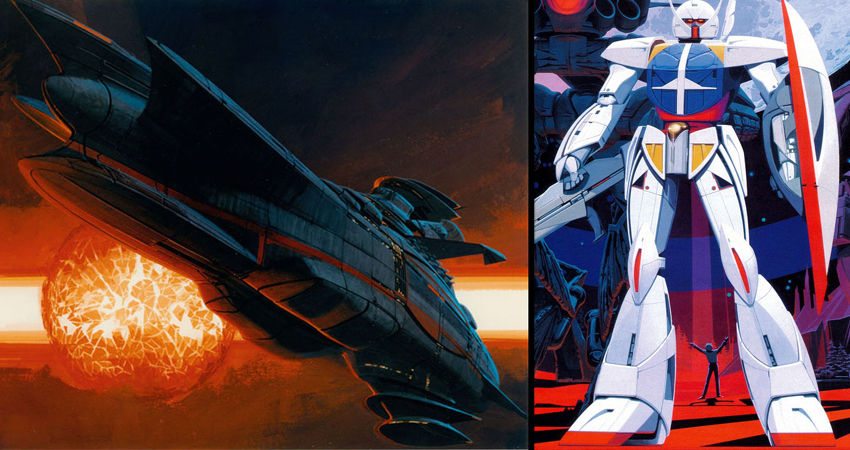 Left: the spaceship Yamato from the anime, Yamato 250. Left: One of the mechas from Turn-A Gundam. Designs by Syd Mead.