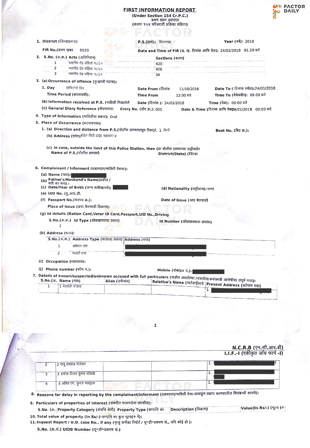 A copy of the FIR against Amit Bhardwaj filed in Maharashtra with some details redacted
