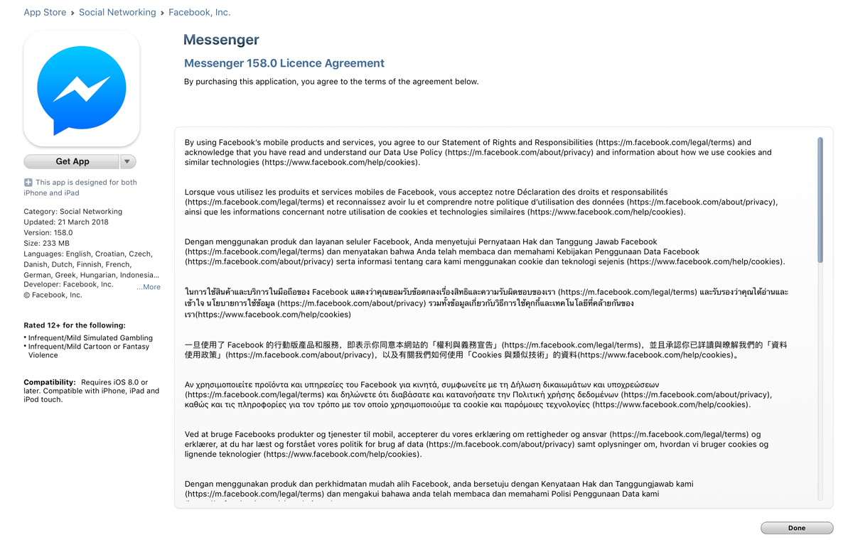 Facebook Messenger's License Agreement on the iOS app store
