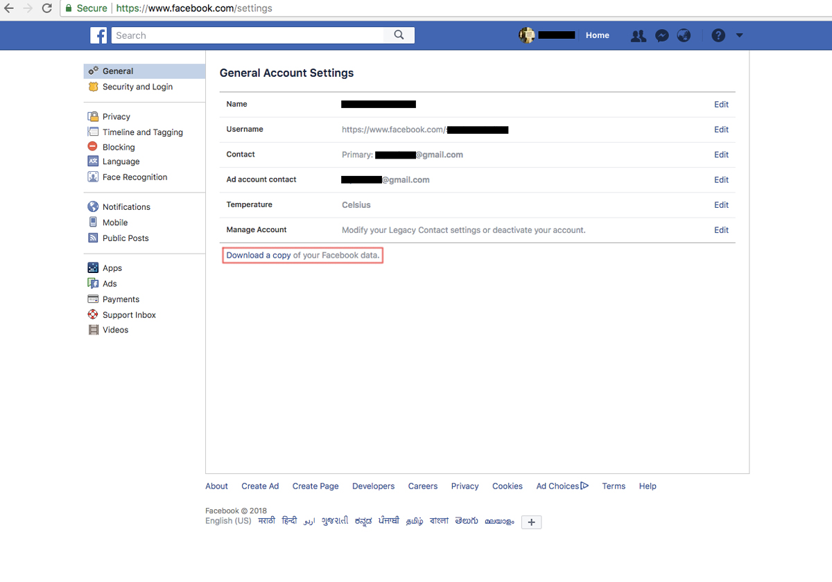 Facebook account settings page with the data download option highlighted