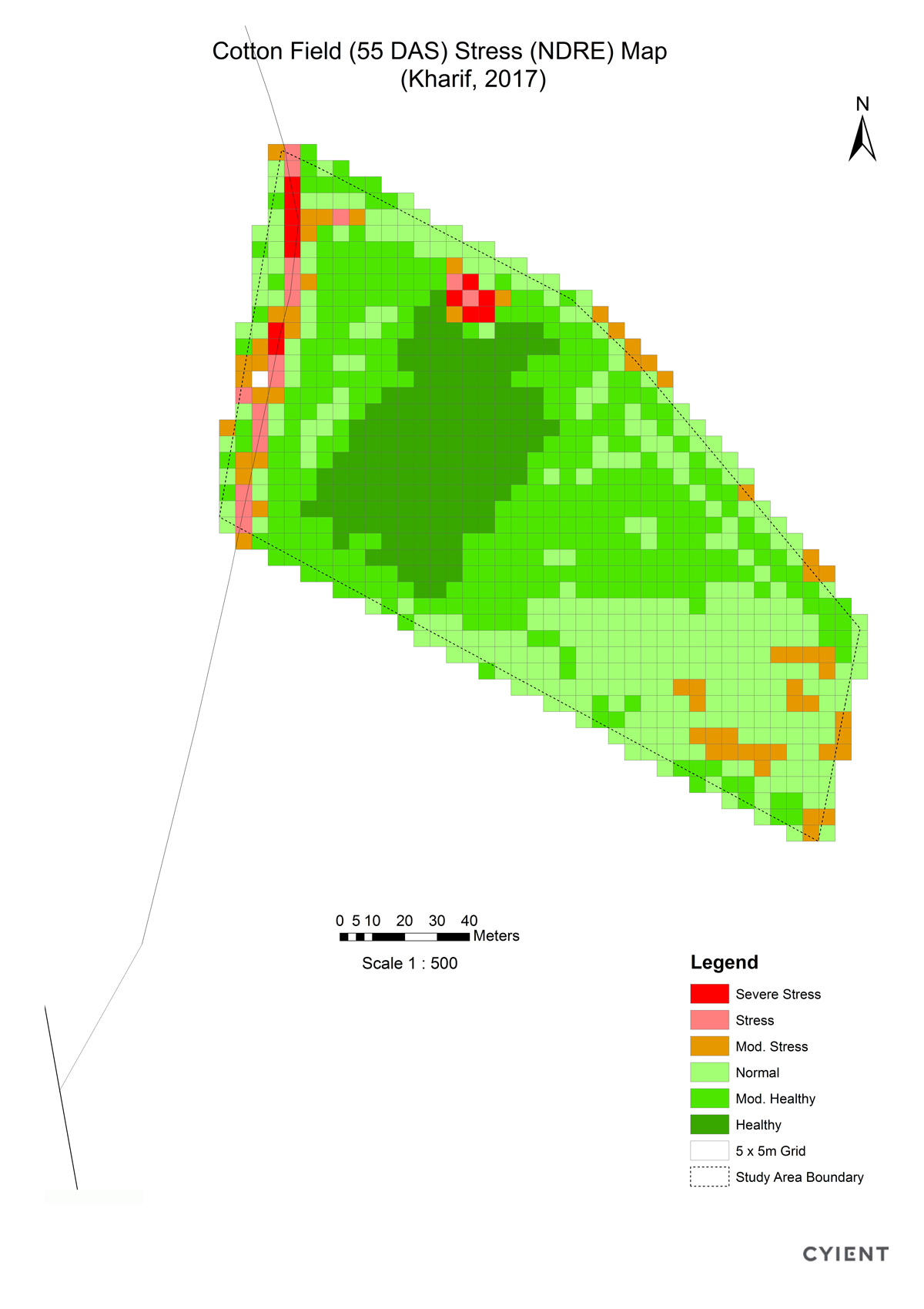A map generated by Cyient based on data captured by the drones showing the health of a cotton field. 