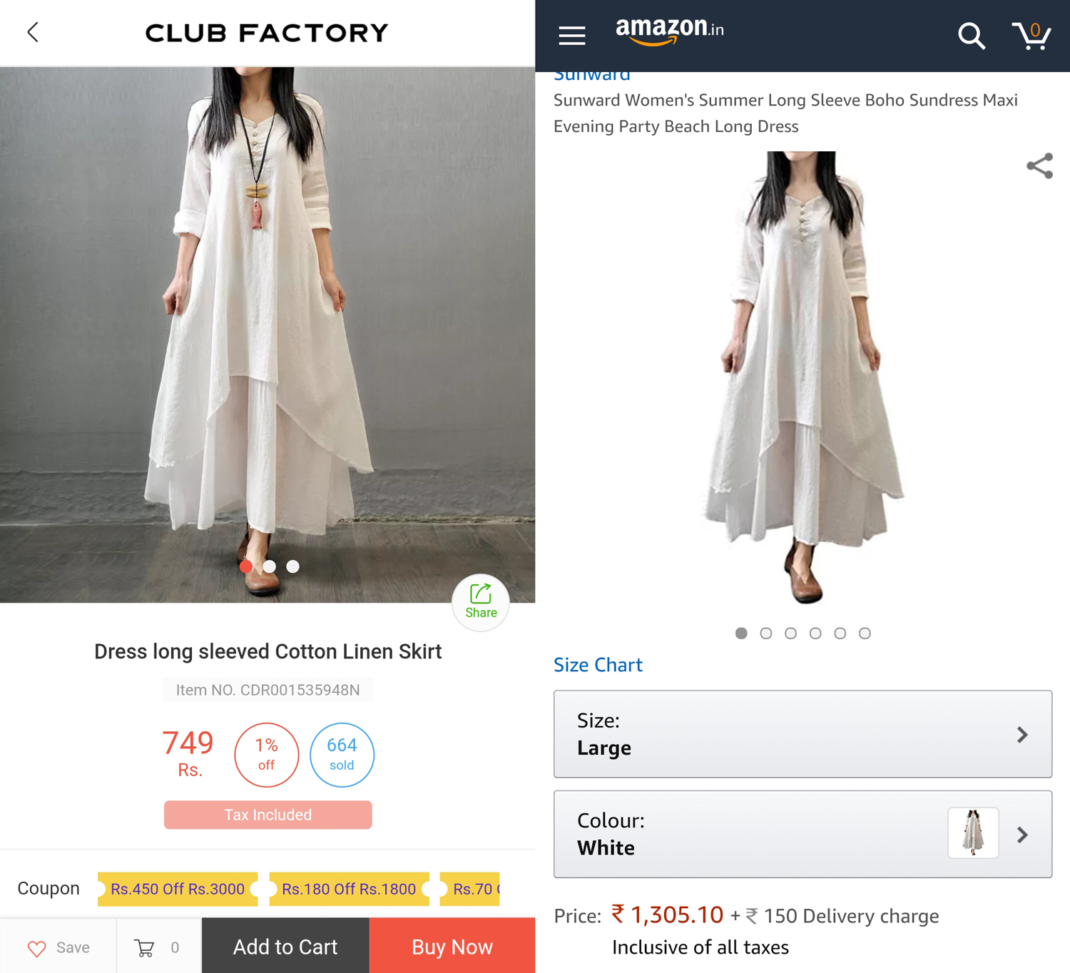 A comparison of the same product listed on Club Factory and Amazon