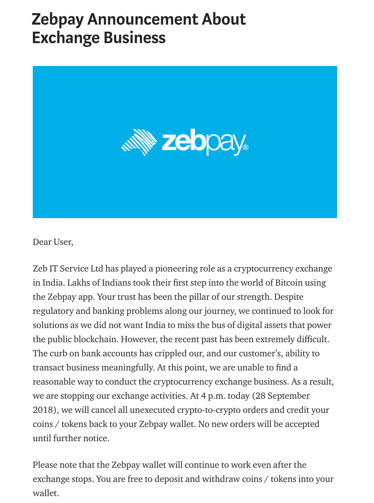 Zebpay's blog post announcing the shutdown of the exchange