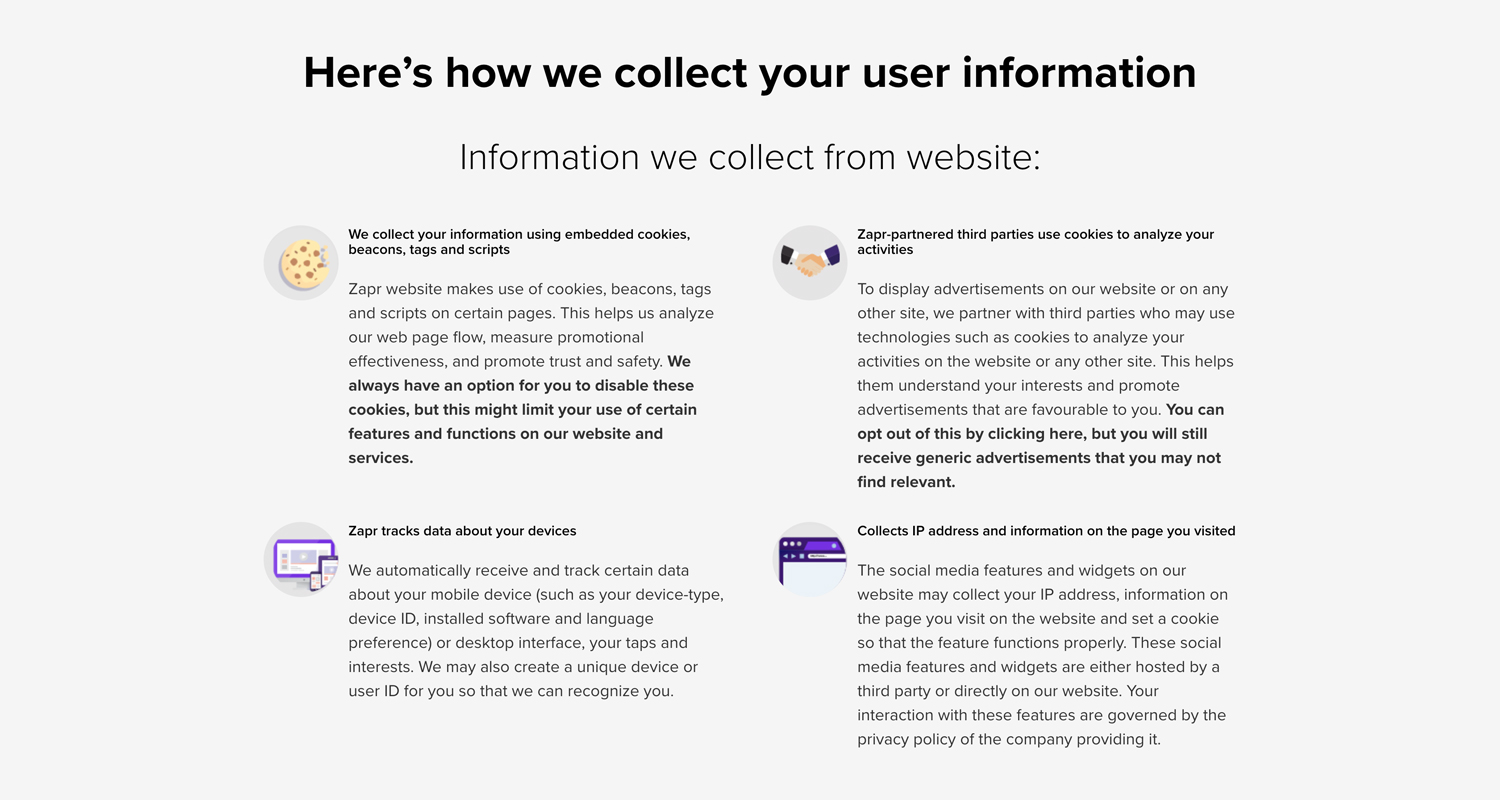 A part of Zapr's privacy page describing how the company accesses user data