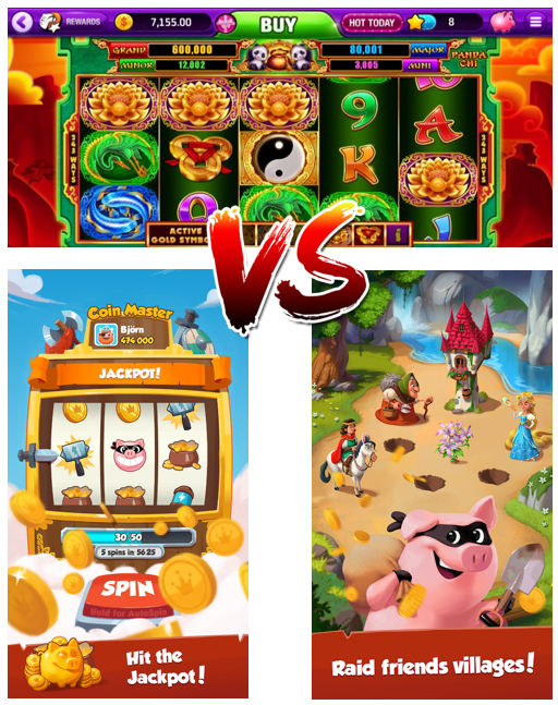 (Top) Slotomania from Playtika, the market leader in video slots on mobile, versus Coin Master