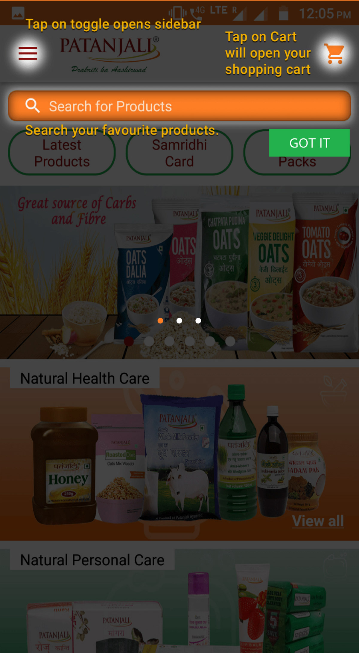 The Patanjali ecommerce app with its product catalogue
